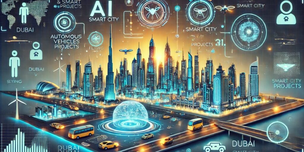 A futuristic infographic showcasing Dubai’s AI and smart city projects.