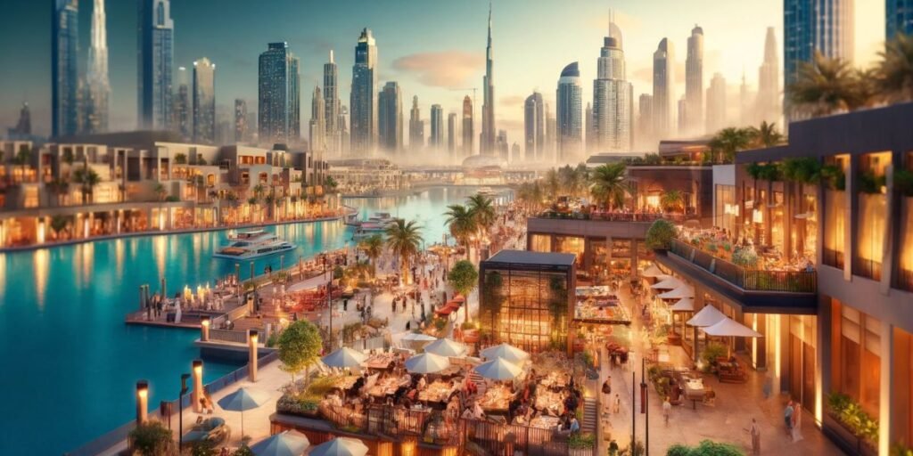 A lifestyle image showcasing Dubai’s skyline, restaurants, and leisure attractions.